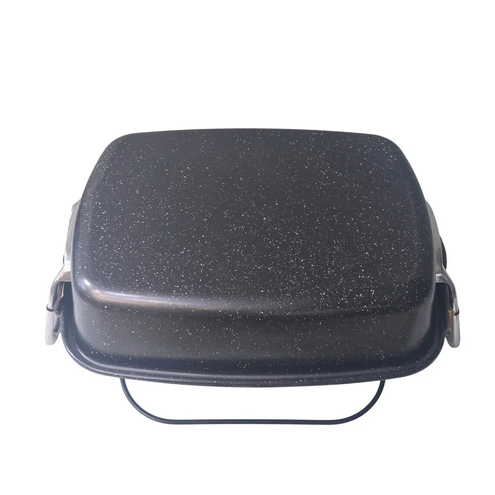Black Speckled Enamel Roasting Pan with Removable Wire Rack & Silver Handles 16